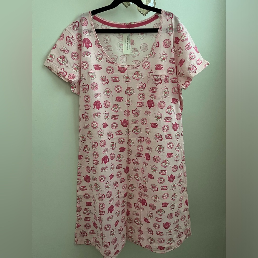 Midnight by Carole Hochman Pink and Green Tea Print Nightshirt 100 %Cotton